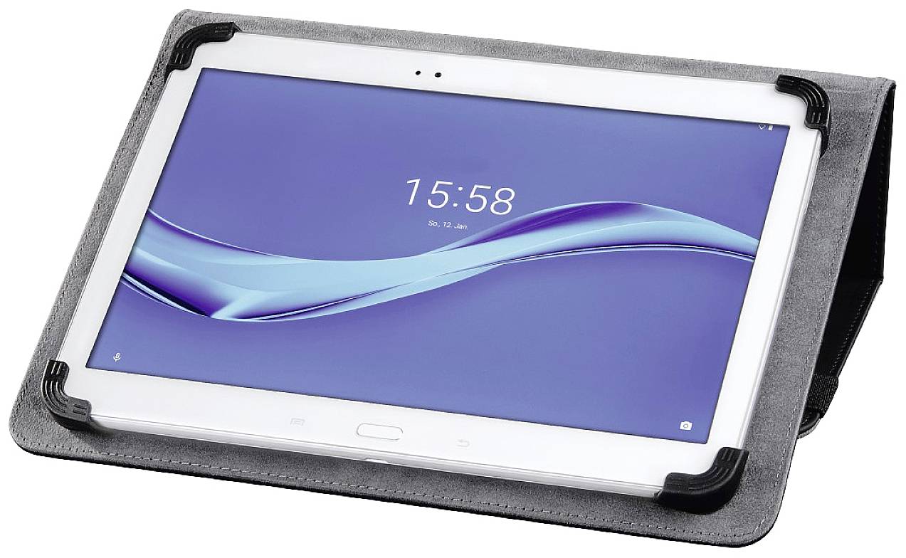 A tablet in a black protective case displays a blue screen interface with a time display: 15:58.