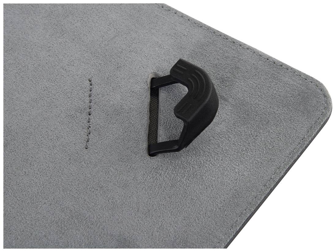 Grey fabric with a black plastic loop affixed to the surface.