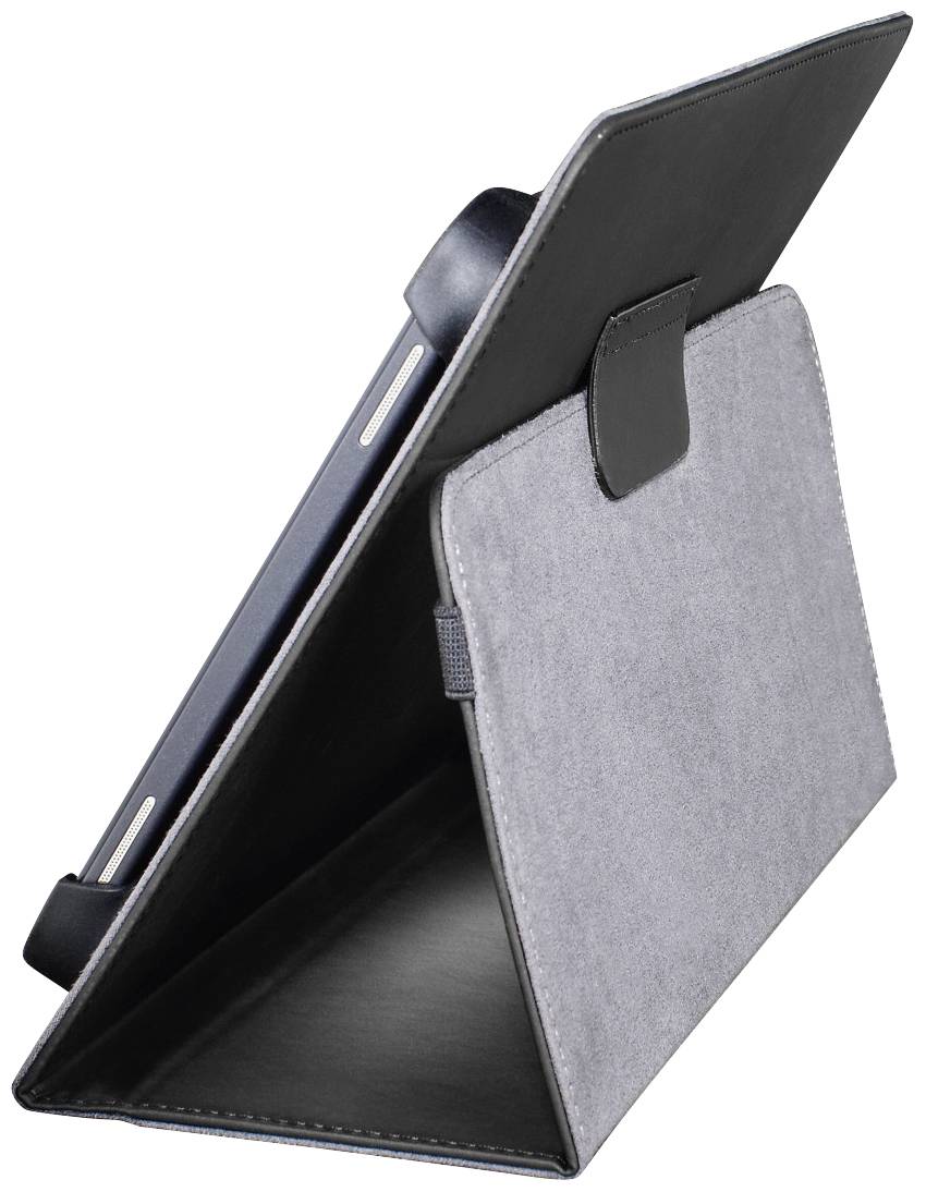 Grey tablet case in an upright, open position. The black inner lining and closure are visible.