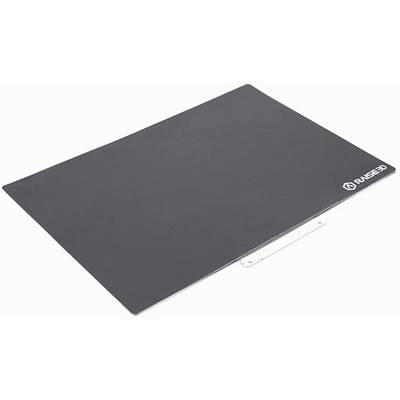 Black, rectangular laptop cooling pad with metal mounting bracket. Brand logo in the corner. Used for heat dissipation in laptops.