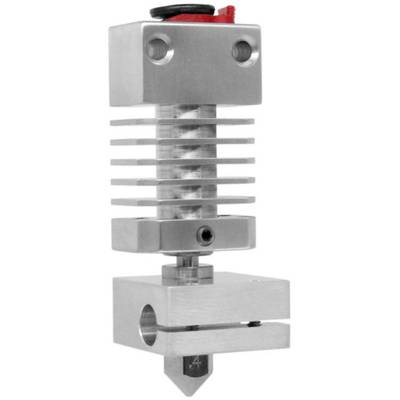 'A metal 3D printer hotend with cooling fins, heating block and nozzle below. Mounting screws are visible at the top.'