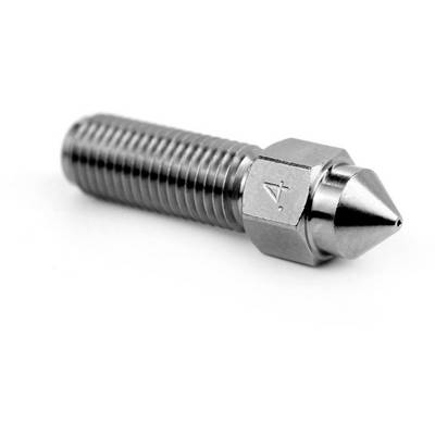 Metal nozzle, cylindrical with a conical tip and thread, resting on a white surface. Suitable for mechanical engineering applications.