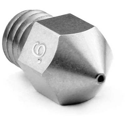 A metal 3D printer nozzle in close-up, tapering conically with a circumferential groove and small hole at the tip, against a white background.