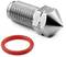 Metallic 3D printing nozzle with a red sealing ring on a white background, showcasing the thread details and tip.