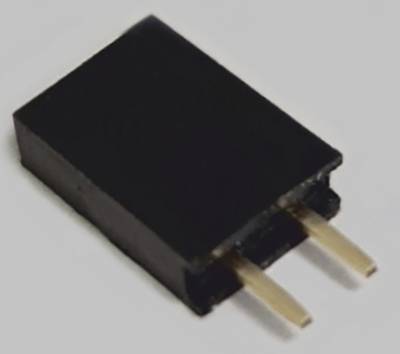 Black, rectangular connector with two golden pins.