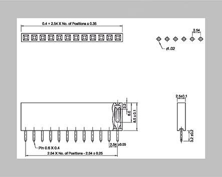 Technical drawing of an electrical connector with dimensional specifications for pins and spacings. Shows side and top view.