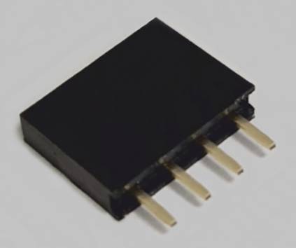Black, rectangular plastic plug with four gold-plated contact pins. Used for electrical connections.