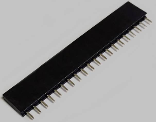 A black pin header connector with multiple pins in a row, suitable for electronic connections on a circuit board.