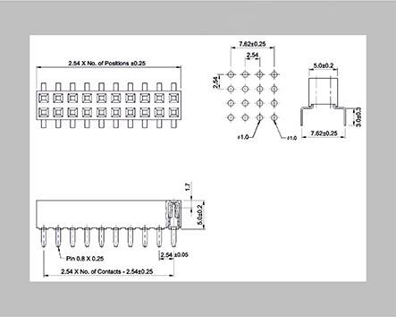 'Diagram of an electronic component with measurements in millimetres. Front view, side view and top view are shown.'