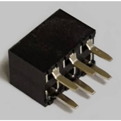A black, rectangular electronic plug with six metal pins on a grey background.
