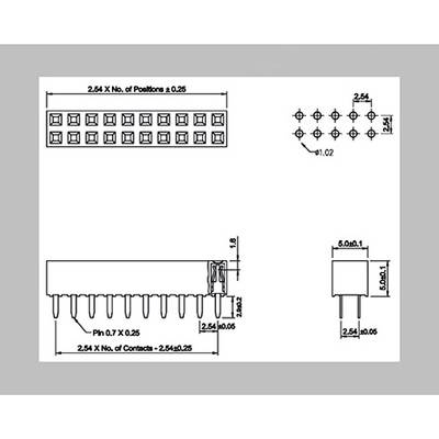 Technical drawing of a connector with dimensions: Top view of pins, right top view and side view with dimensional specifications.