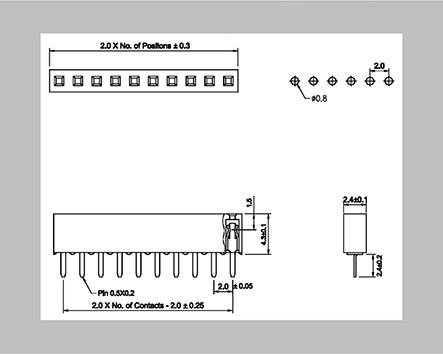 Diagram of an electronic component layout with dimensions in millimetres, showing connectors with pins and a top and side housing view.