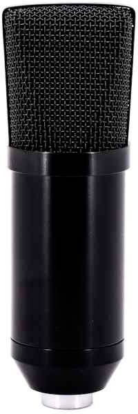 Black condenser microphone with mesh grille on white background. Suitable for studio recordings and podcasting.