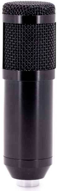 A black studio microphone with a mesh capsule. It is standing upright and shows no brand markings. Suitable for audio recordings.