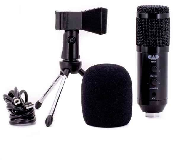 Black condenser microphone set with stand, pop filter, and USB cable, suitable for studio recordings and podcasts.