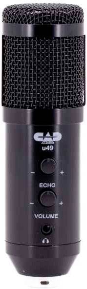 A black studio microphone with volume control and echo effect button, suitable for professional audio recordings.