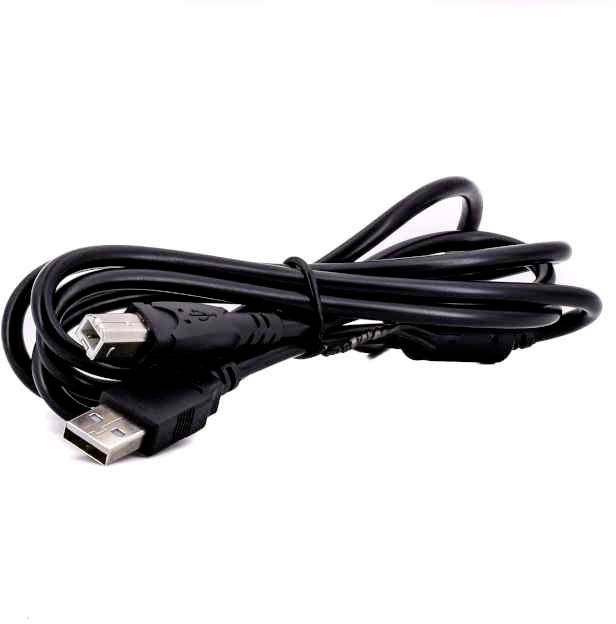A black USB cable with two connectors; coiled up and held together by a cable tie.