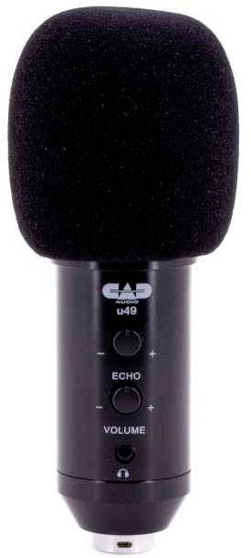 A black microphone with a switch for echo and volume, suitable for audio recordings.