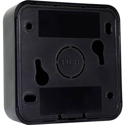 Black, rectangular plastic mounting bracket with four fixing holes and the inscription 'PUSH' in the centre, suitable for wall mounting.