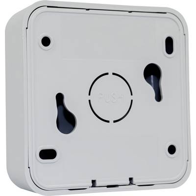 A white, square mounting bracket that can be fixed to the wall, with a central button labelled 'PUSH'.