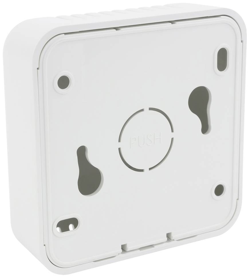 White plastic wall mounting bracket with rounded corners and drill holes for screw mounting. Front side has 'PUSH' marking.