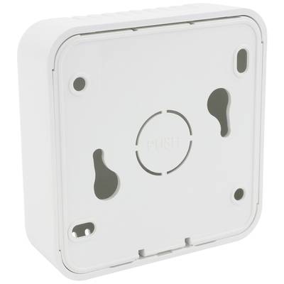 White plastic wall mounting bracket with rounded corners and drill holes for screw mounting. Front side has 'PUSH' marking.