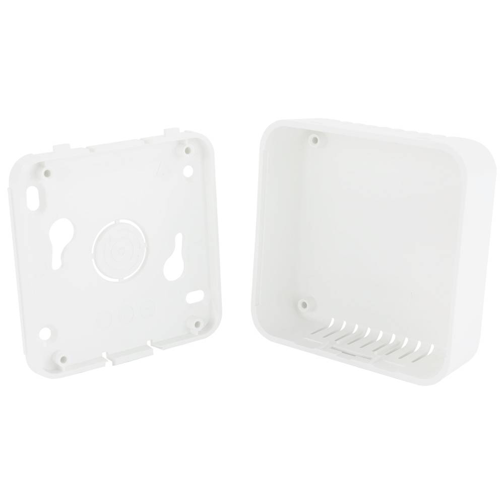 A white plastic enclosure with a removed front panel, suitable for mounting electronic devices on the wall.