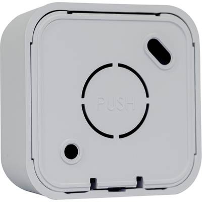 Cube-shaped plastic casing with the word 'PUSH' printed in the centre, openings on two sides, likely part of an electronic device.