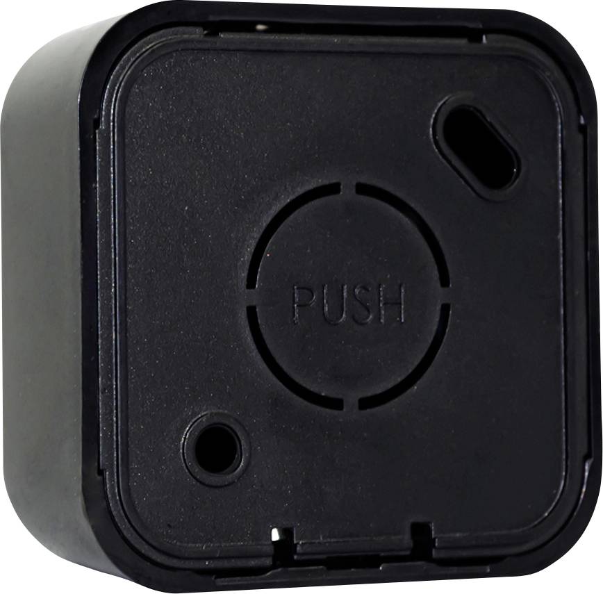 Black plastic lid with a circular opening in the centre, labelled 'PUSH'. Corners are rounded, no further details visible.