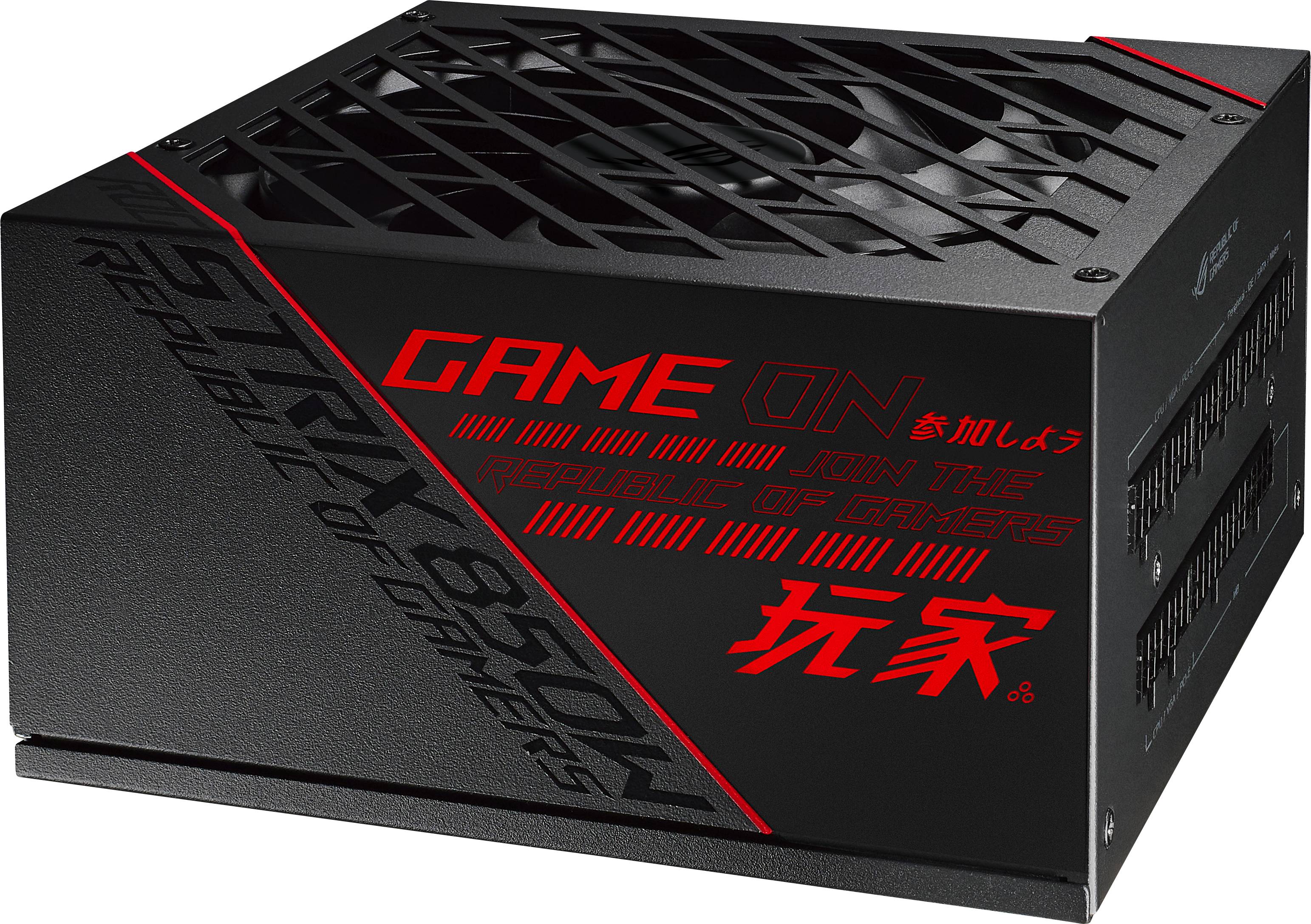 Black computer power supply with red lettering 'Game ON' and 'Republic of Gamers'. Ventilation grille at the top, modular connection on the right.