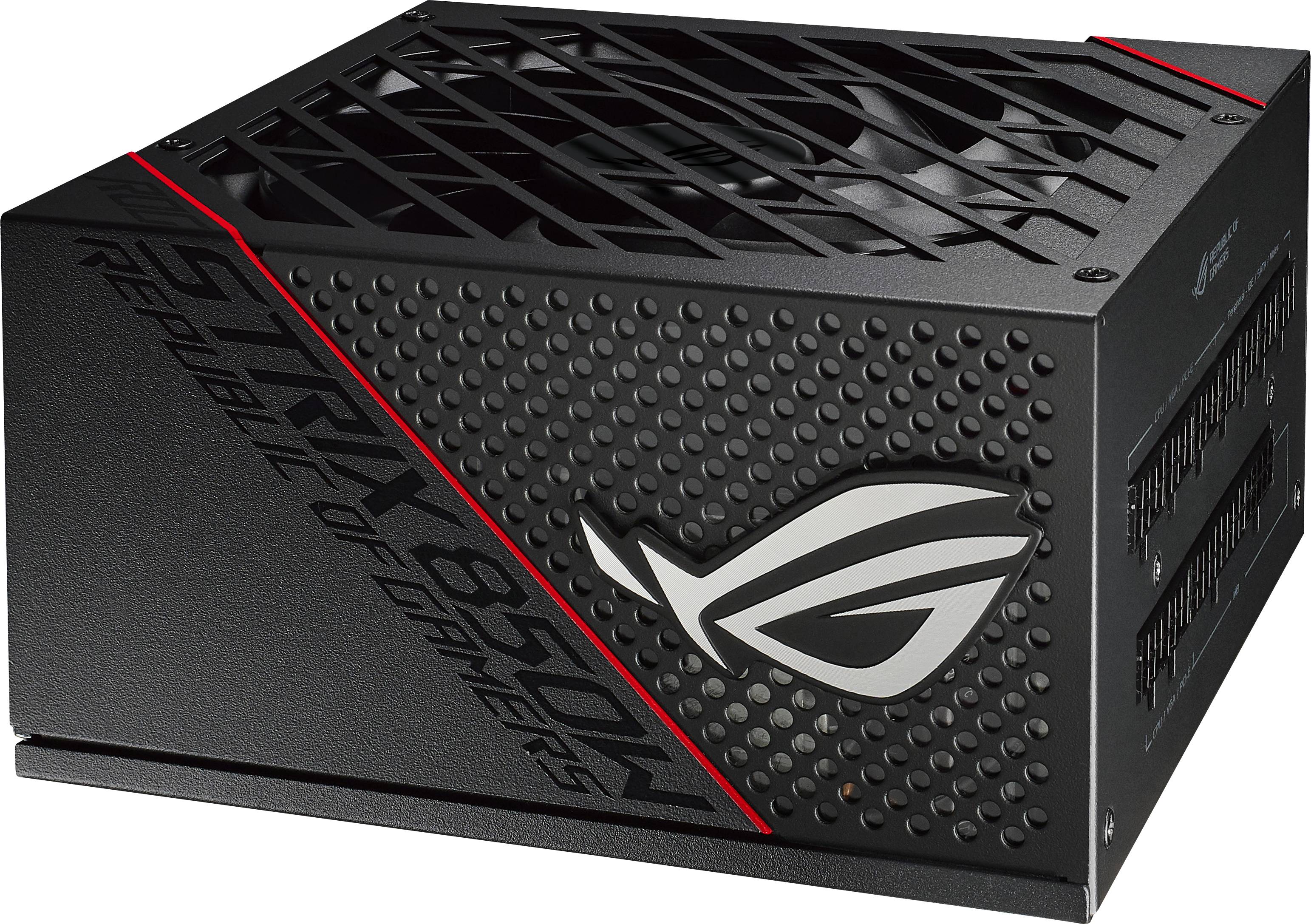 PC power supply in a gaming design with 'Republic of Gamers' logo and black surface. Fan and connection options visible.