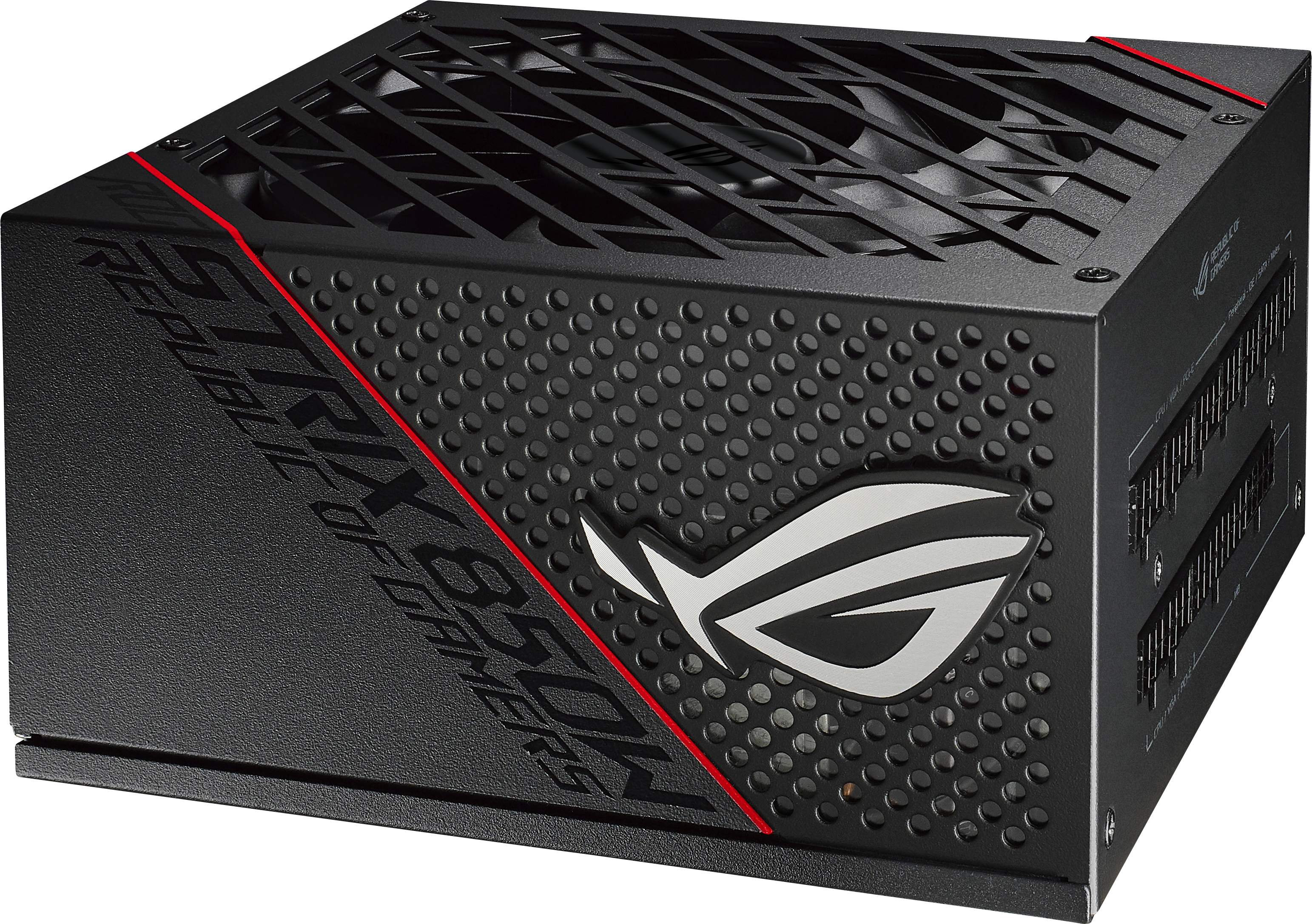 PC power supply in a gaming design with 'Republic of Gamers' logo and black surface. Fan and connection options visible.