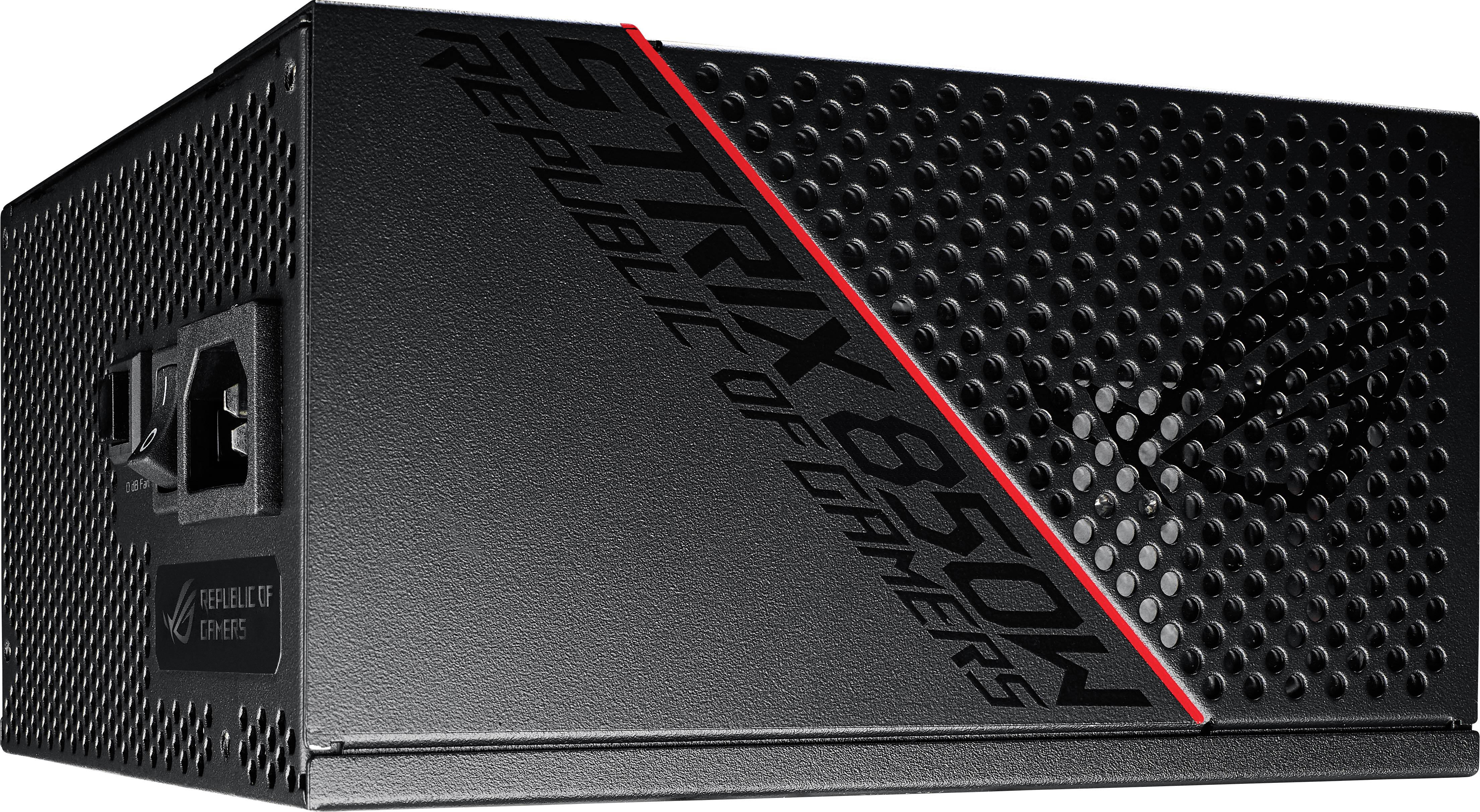 A black PC power supply with the inscription 'STRIX 850W Republic of Gamers', distinctive design with red lines, side logo.