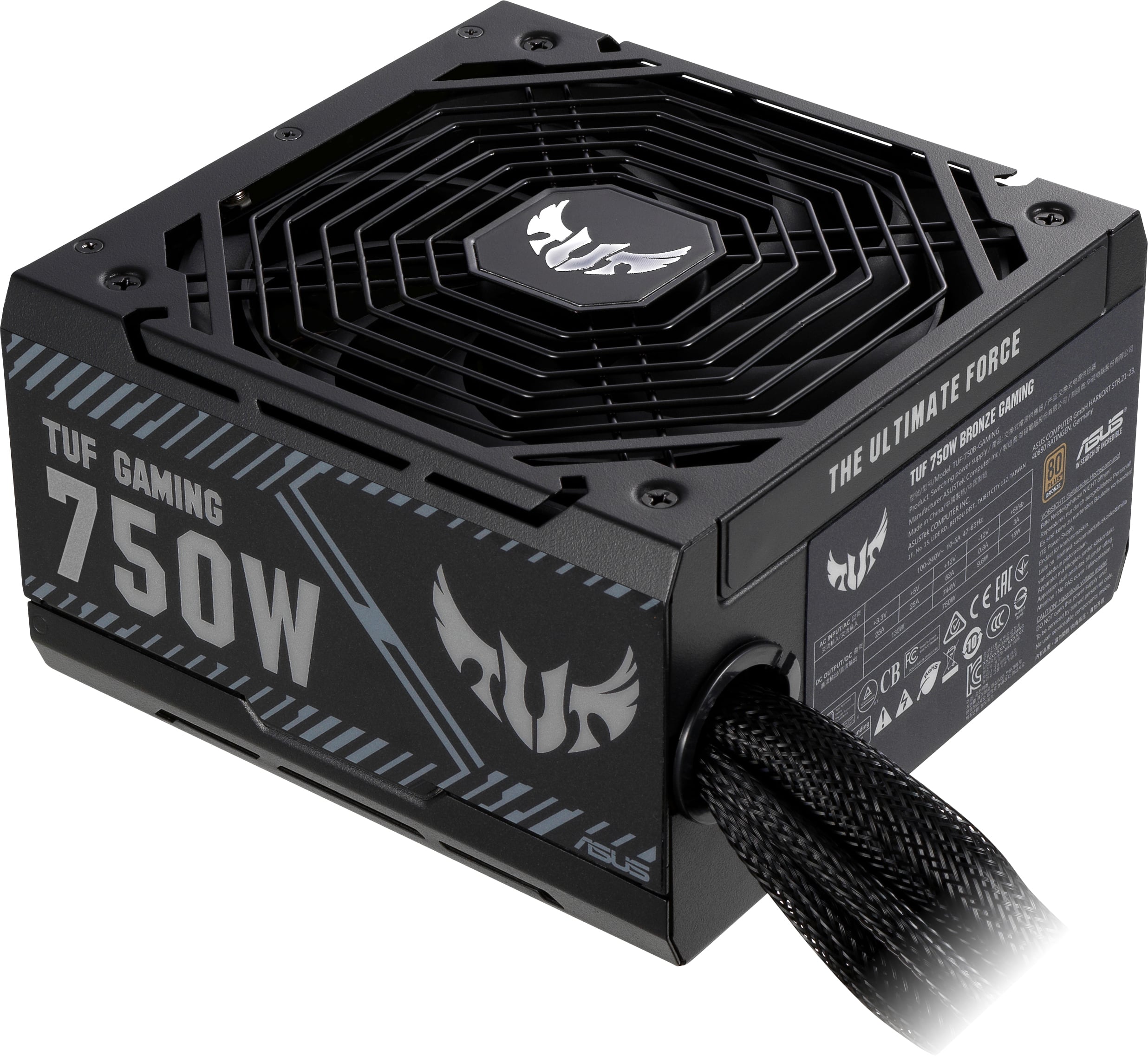 Black PC power supply with 'TUF Gaming 750W' label, cable grommet, logo on top, suitable for gaming computers.
