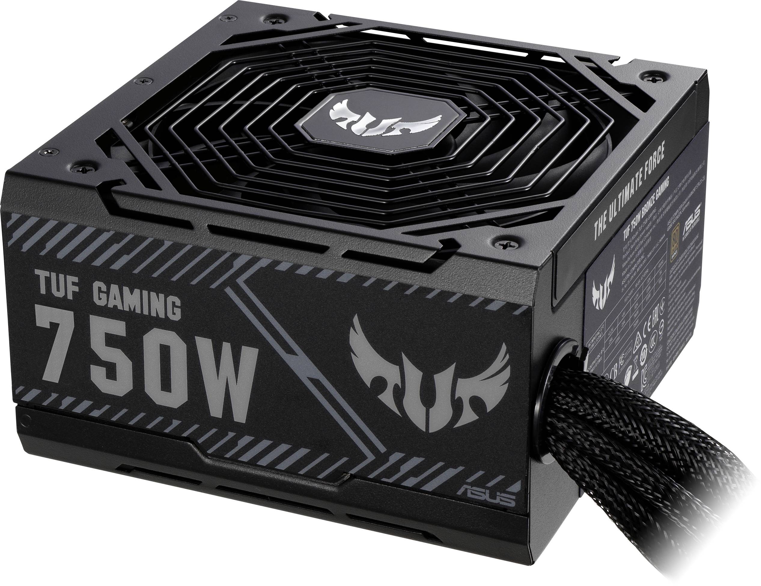Black TUF Gaming Power Supply with 750W output. Shows robust design and cable outlet. Logo and lettering are visible.