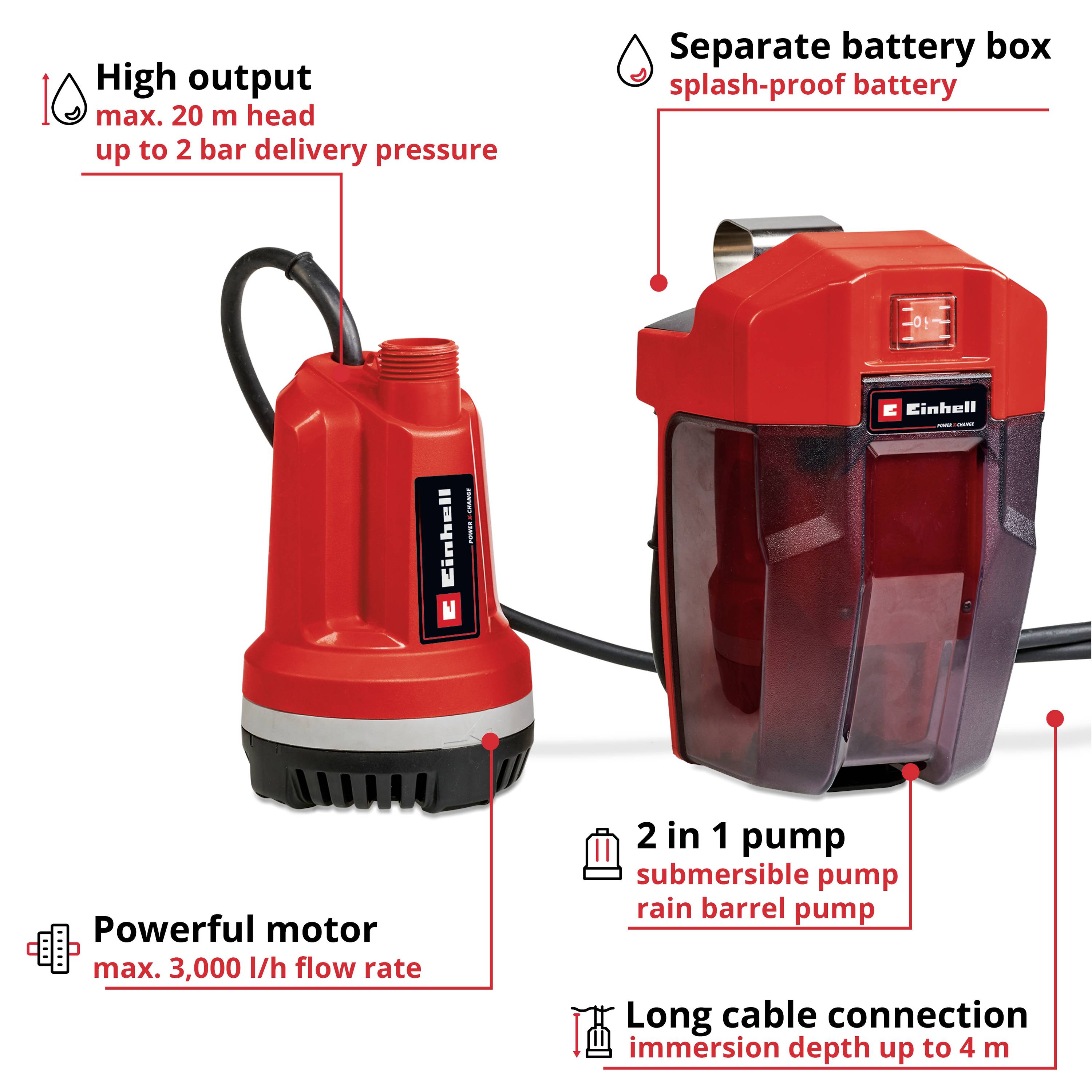 Compact submersible pump with high performance and maximum pumping height of 20 m. Separate battery housing, convenient for rainwater barrel pump.