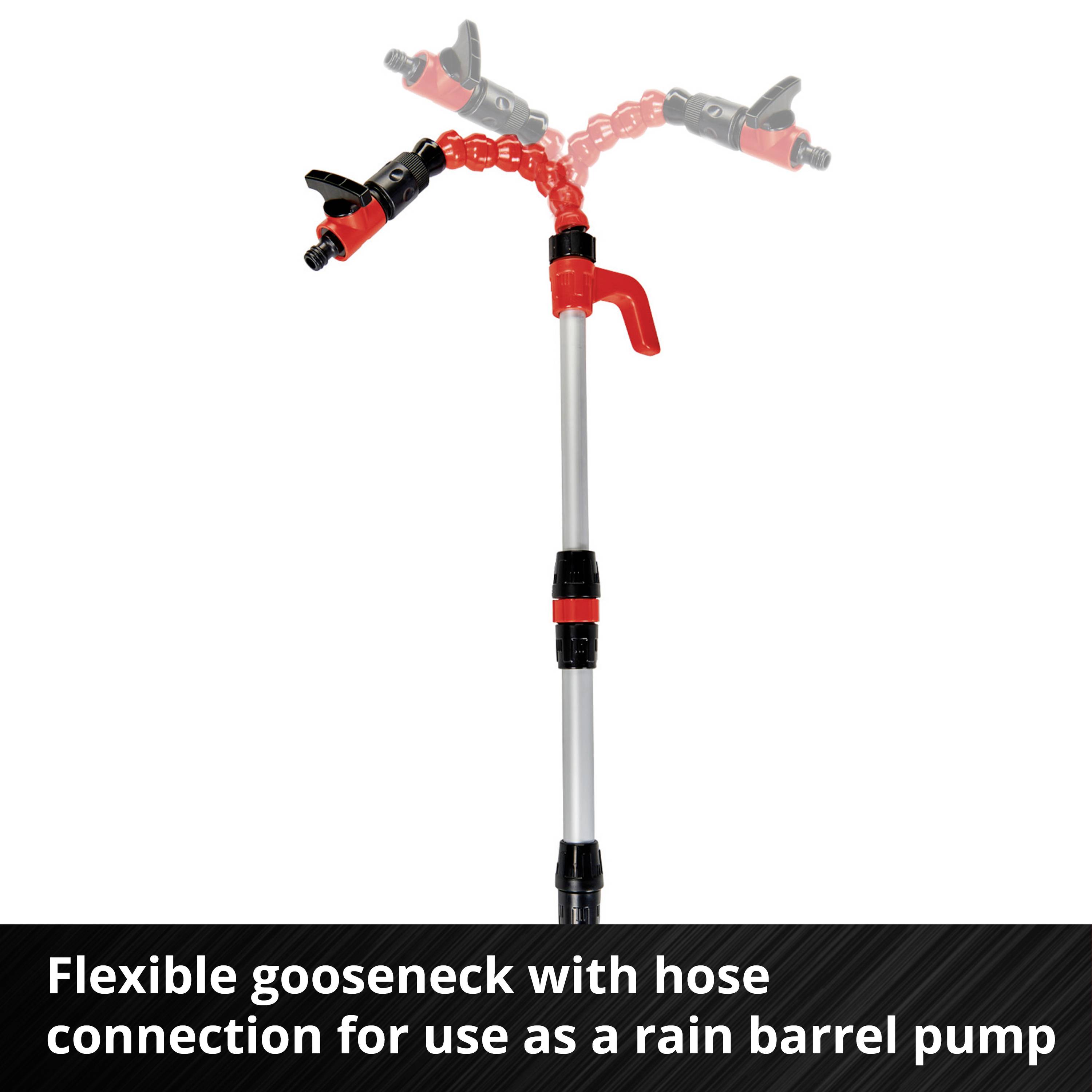 'Flexible swan neck with hose connection for use as a water butt pump' shows an adjustable pump accessory with red and black design.