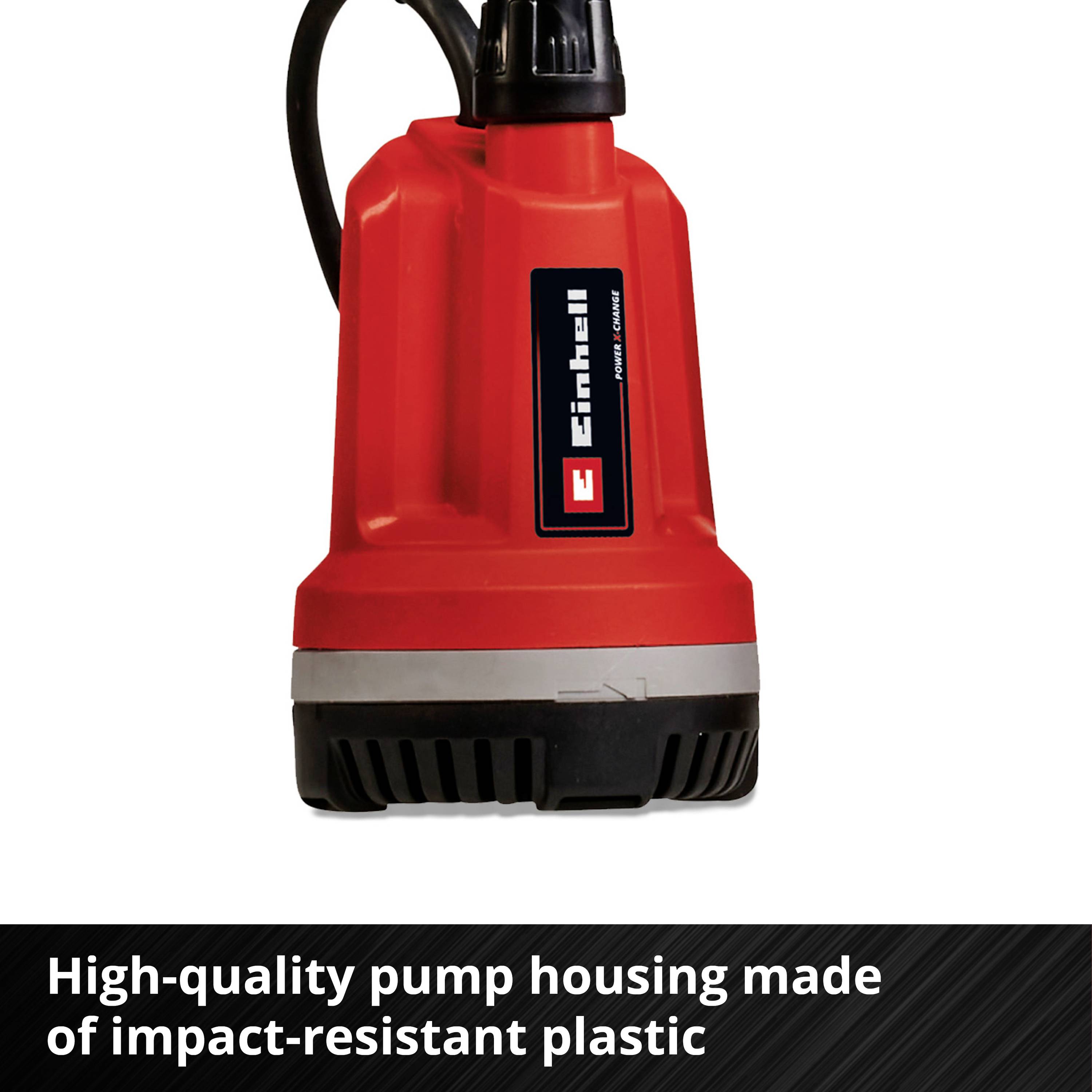 A red pump with a black handle and the 'Einhell' print. Text below: 'High-quality pump housing made of impact-resistant plastic'.