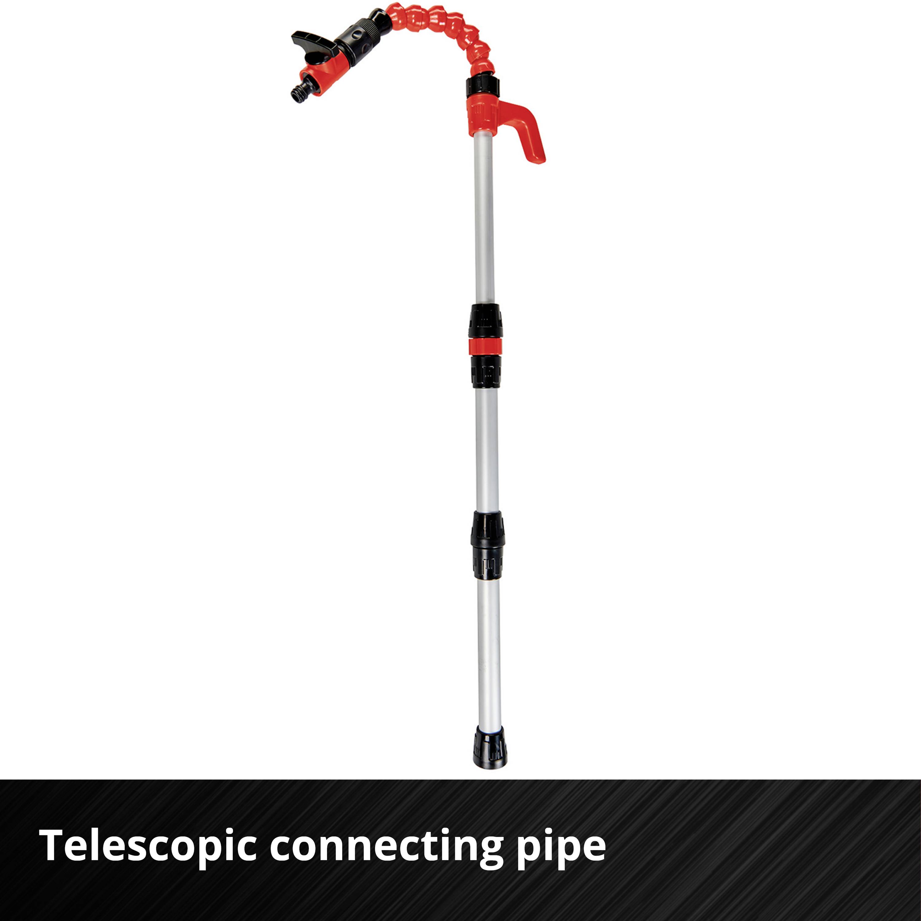 'Infinitely telescopic connecting pipe, red and silver, with adjustable handle, suitable for various connecting fixtures.'