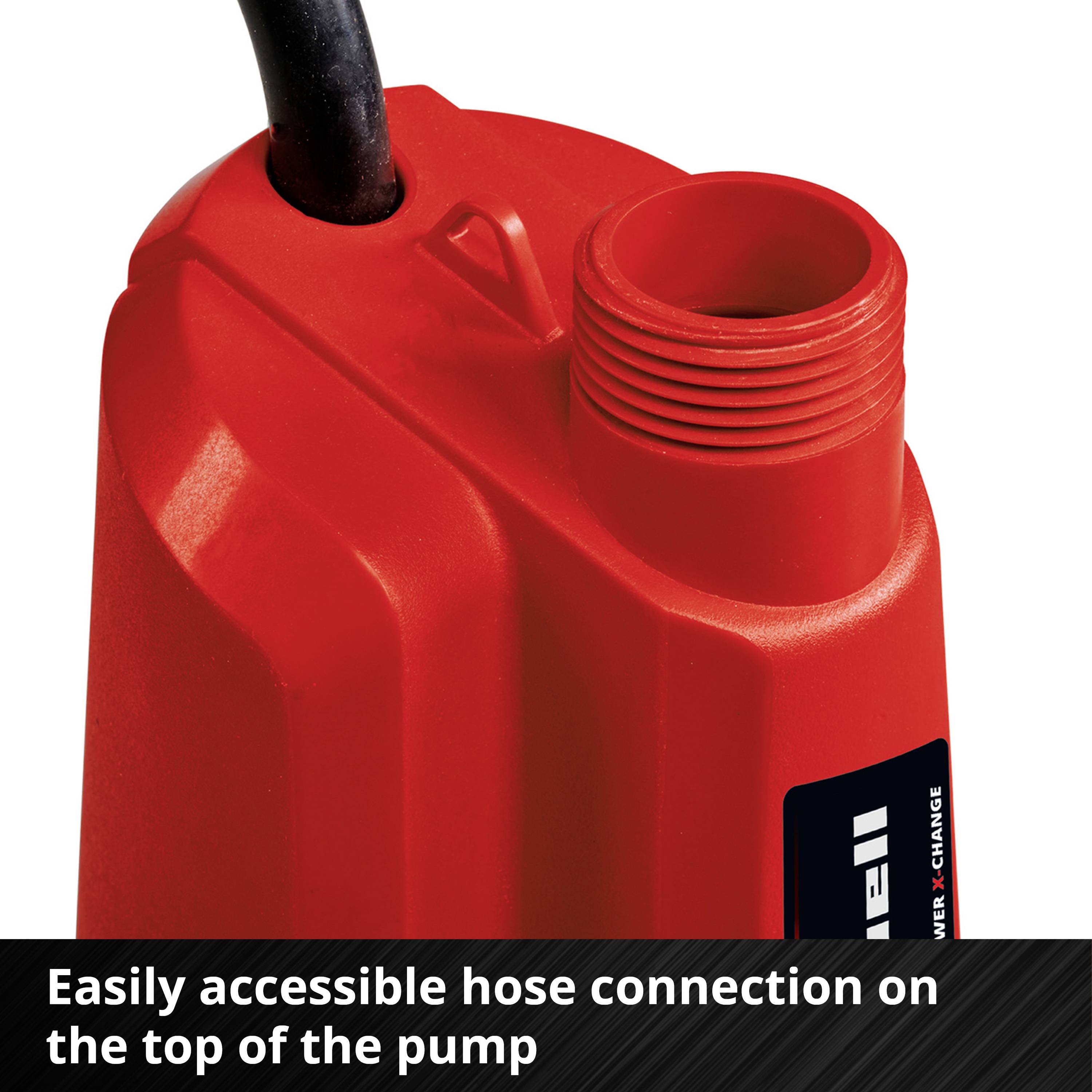 'Easily accessible hose connection at the top of the pump' is written on the image of a red pump with a clearly visible connection.