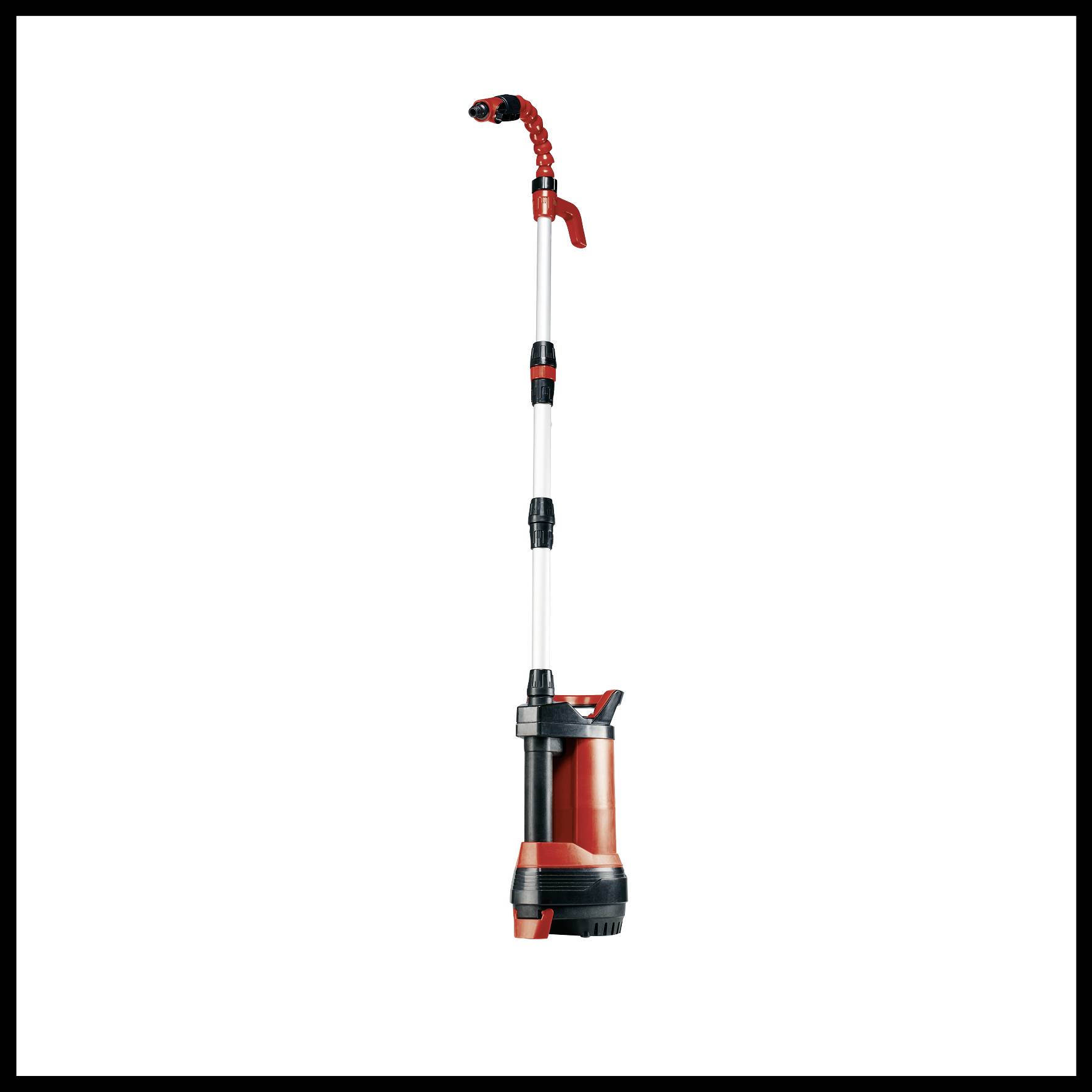 Red and black submersible pump with adjustable telescopic pipe and handle. Suitable for water transfer in gardens or households.