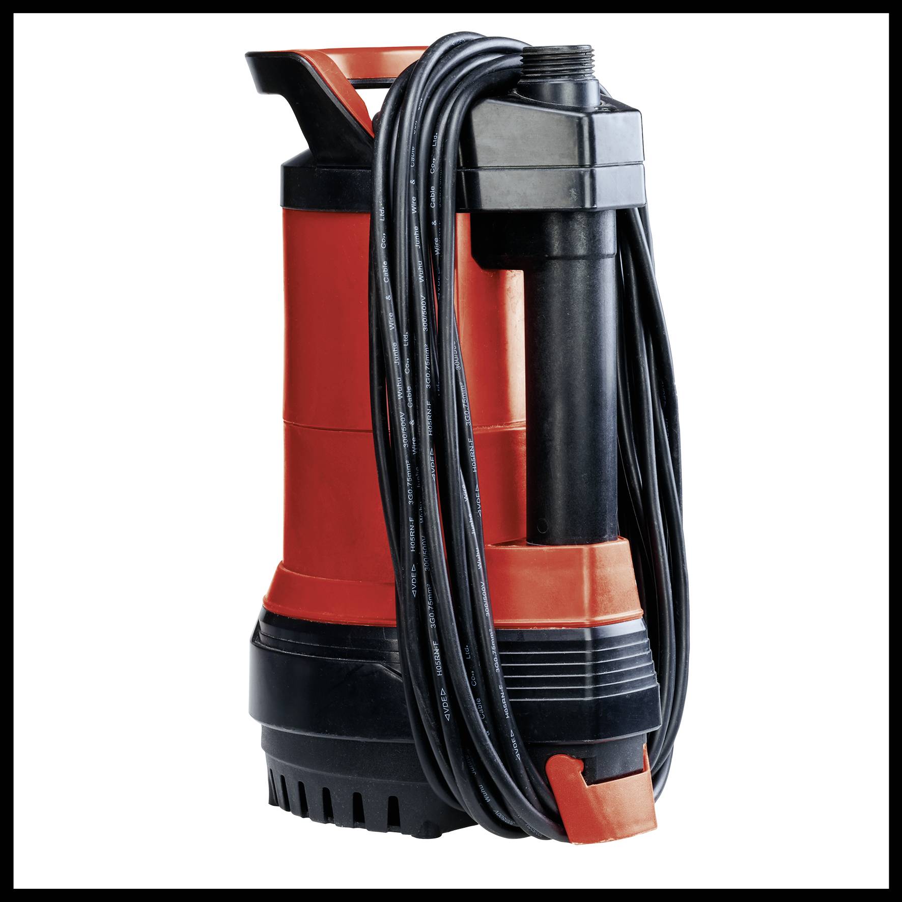 Submersible pump in red and black with cable, suitable for draining cellars or pumping out ponds.