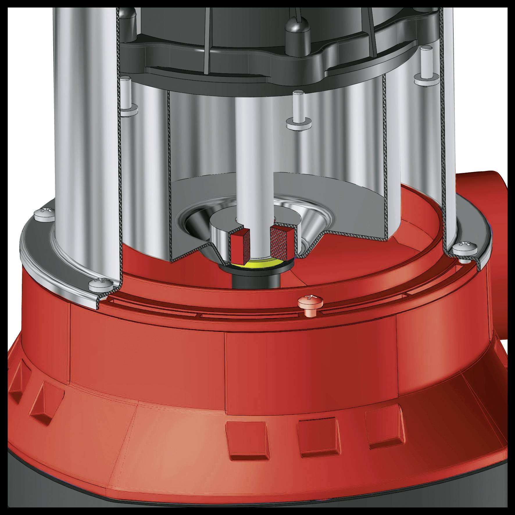 Cross-sectional view of a pump with a red casing and visible mechanical components.