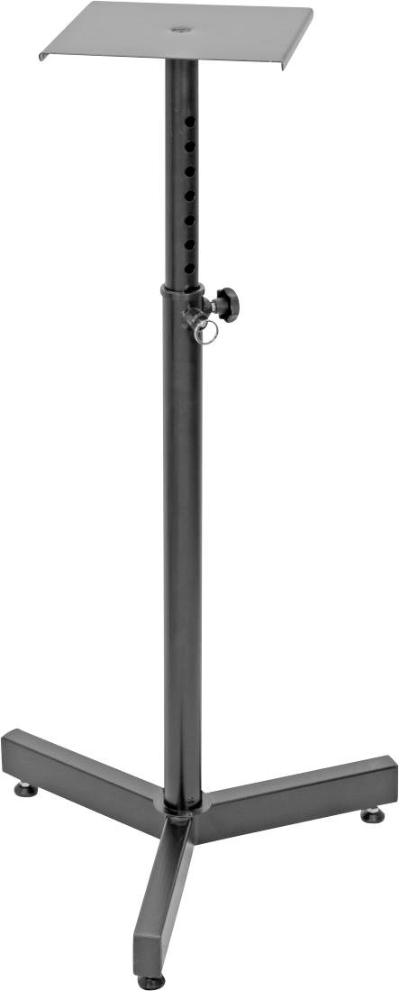 A height-adjustable metal speaker stand with three sturdy legs and a flat platform on top for securing equipment.