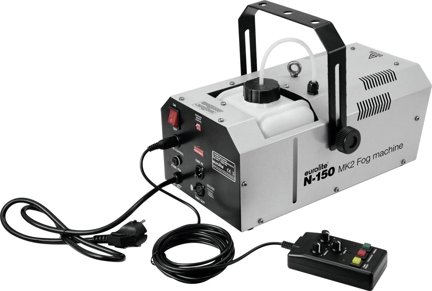 Fog machine with cable and remote control. Metal casing, printed with 'N-150 MK2 Fog machine'. Typical device for stage lighting effects.