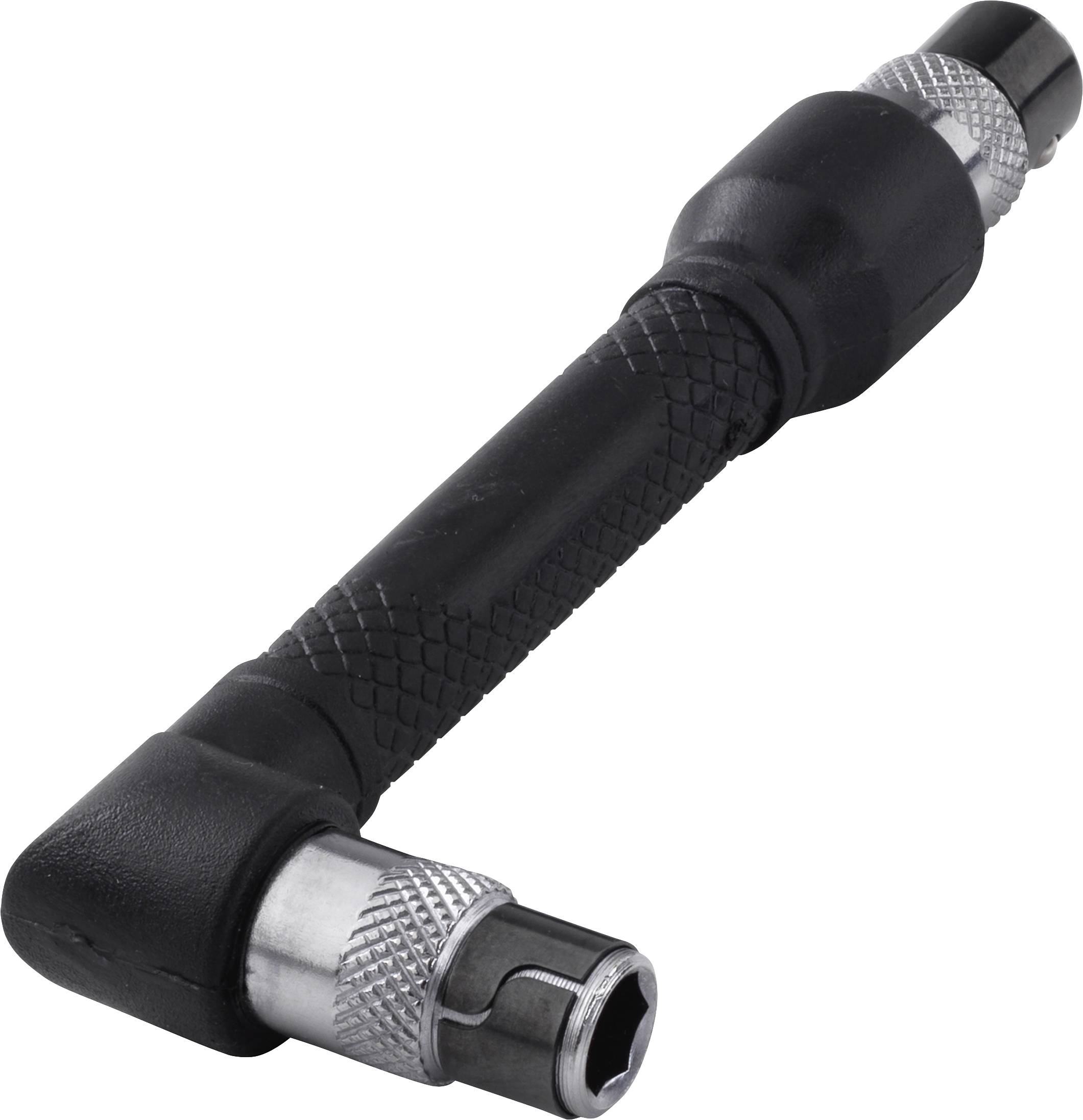 A black, angled screw adapter with silver metal ends for attaching to a tool for hard-to-reach places.