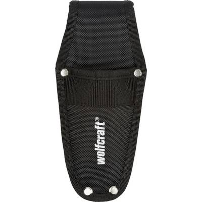 Black fabric bag with 'wolfcraft®' print. Features press studs at the top and bottom, suitable for carrying tools.