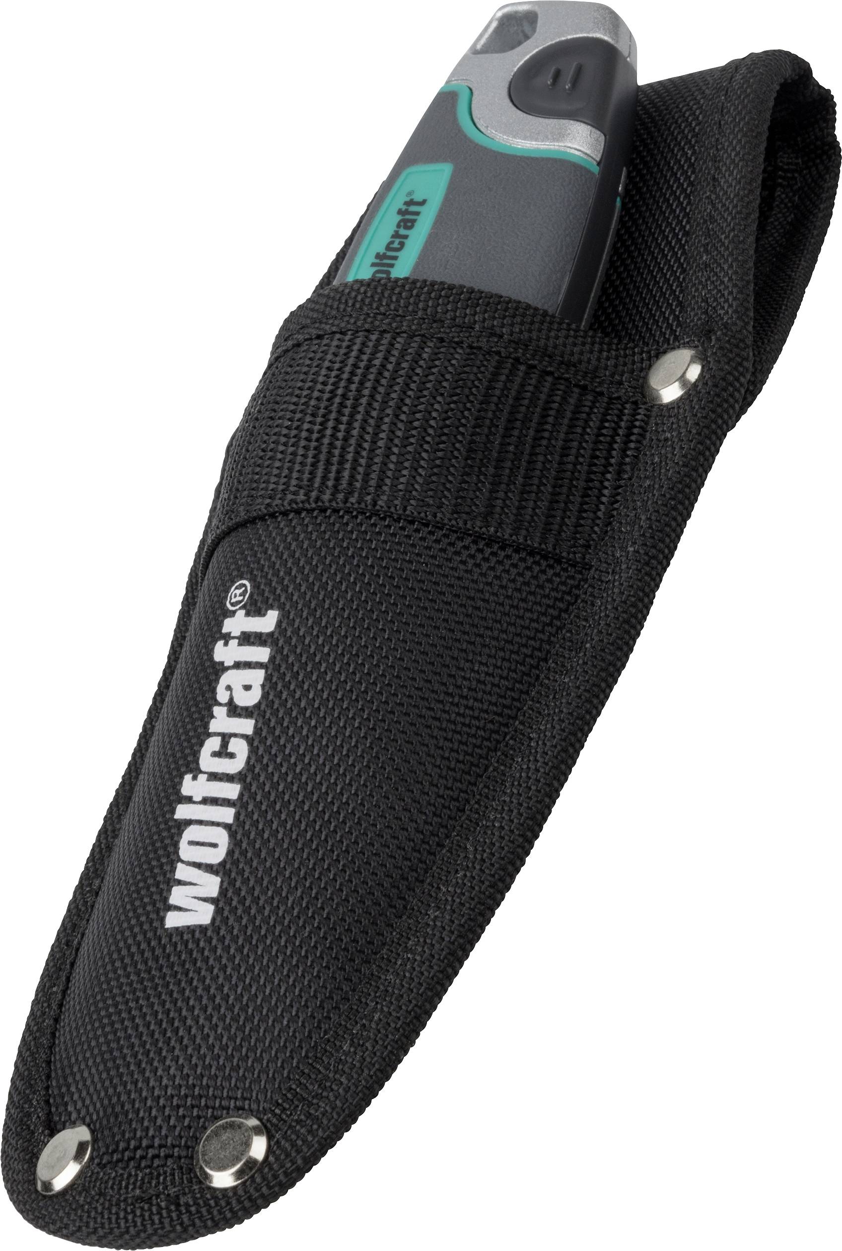 Black case with 'wolfcraft' print, contains a grey device with green elements, presumably a tool.