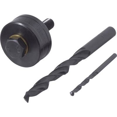 'Drill crown and two drill bits: one large with a black metal spiral and one small; accessories for drilling work in various materials.'