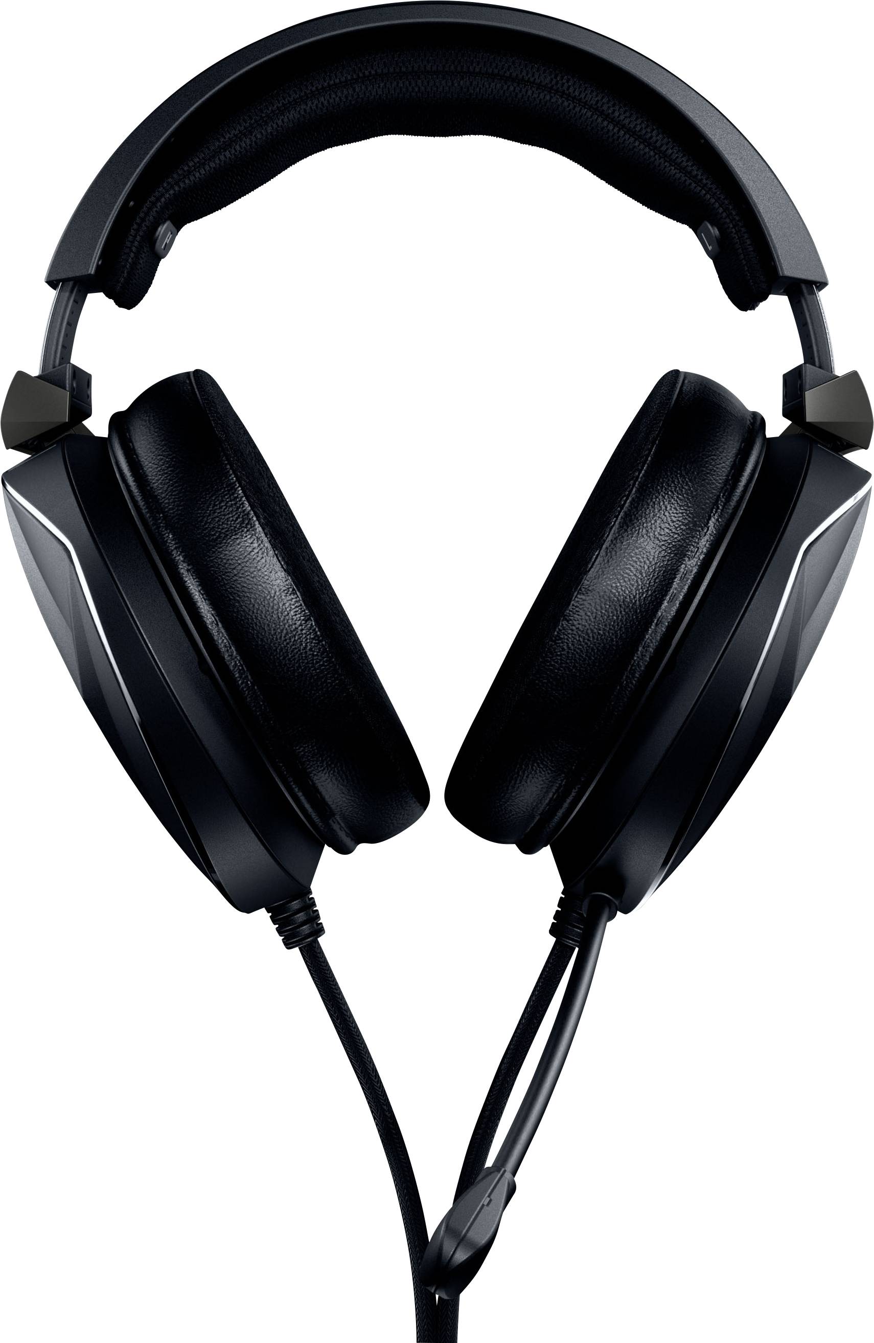 Black over-ear headphones with headband and cable, shown from the front. Ideal for music enjoyment or sound recording.